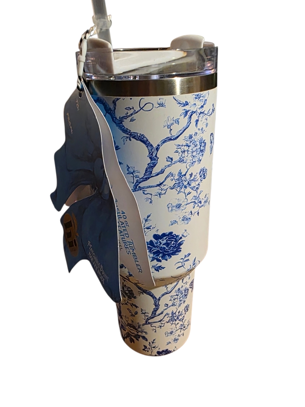 Blue and White Floral Stainless Steel Travel Tumbler hi brand